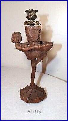 Antique carved wood brass Folk Art nude lady candle match holder smoking stand