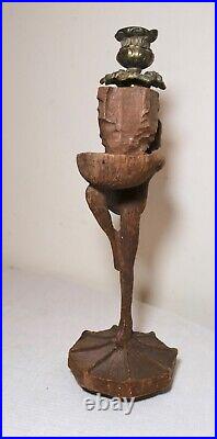 Antique carved wood brass Folk Art nude lady candle match holder smoking stand