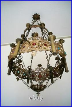 Antique church neo gothic brass religious chandelier candle holder Lamp stones