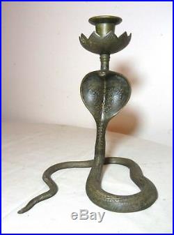 Antique figural hand enameled brass bronze snake cobra candlestick candle holder