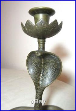Antique figural hand enameled brass bronze snake cobra candlestick candle holder