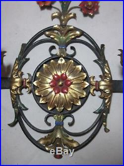 Antique ornate hand wrought iron cold painted brass candle holder wall sconce
