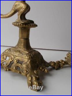 Antique pair griffin candlesticks, bronze candle holders, winged dragon gothic