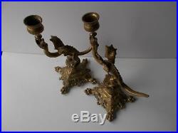Antique pair griffin candlesticks, bronze candle holders, winged dragon gothic