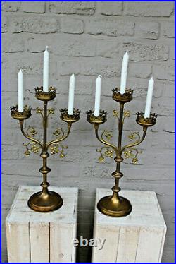 Antique pair religious brass church altar candelabras candle holder neo gothic