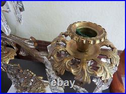 Antique set Victorian girandole French crystal candelabra candle holders brass