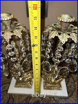 Antique set Victorian girandole French crystal candelabra candle holders brass