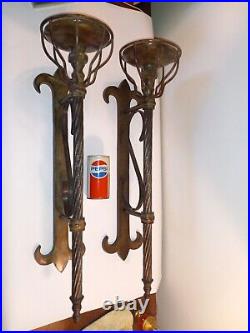 Antiqued Patined Brass X Large Candle Sconces. Fleur De Lys Matching Pair