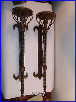 Antiqued Patined Brass X Large Candle Sconces. Fleur De Lys Matching Pair