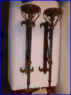 Antiqued Patined Brass X Large Candle Sconces. Fleur De Lys Matching Pair