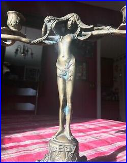 Art Nouveau Brass Bronze like French Style Goddess Candle Holder Marble Base
