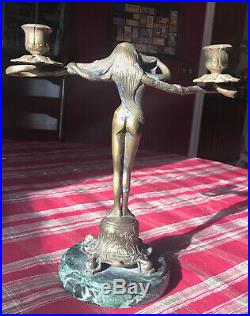 Art Nouveau Brass Bronze like French Style Goddess Candle Holder Marble Base