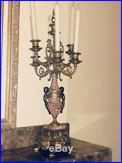 Auth. Italian Rococo antique pink MaRbLe Brevettato 2 brass Candelabras candle