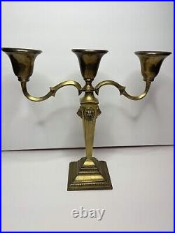 BRASS CANDELABRA LION HEAD Motif Antique Heavy High Quality Holds 3 candles