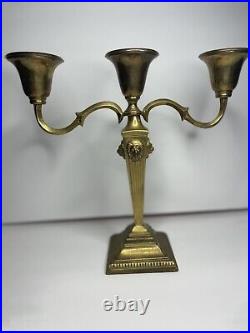 BRASS CANDELABRA LION HEAD Motif Antique Heavy High Quality Holds 3 candles