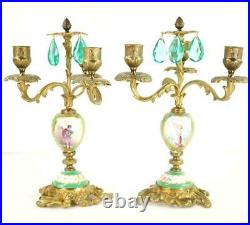 Bd Pair Antique French Sevres Style Porcelain & Brass Candelabras