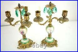 Bd Pair Antique French Sevres Style Porcelain & Brass Candelabras