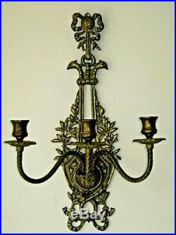 Beautiful 18 Antique Ornate Brass Wall Sconce 3 Arms Candle Holder Bow Leaves