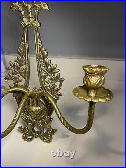 Beautiful 18 Antique Ornate Brass Wall Sconce 3 Arms Candle Holder Bow Leaves