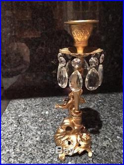 Beautiful Antique Brass Cherub Angel Candle Stick Holder With Chrystal Prisms