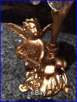 Beautiful Antique Brass Cherub Angel Candle Stick Holder With Chrystal Prisms