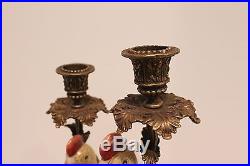 Beautiful Oriental Pair of Porcelain Birds Brass Ormolu Candle Stick Holder 12.5