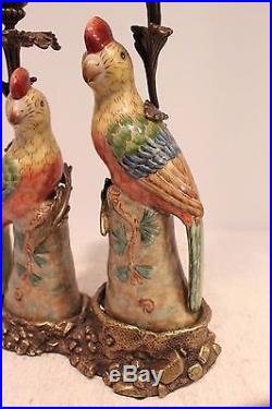 Beautiful Oriental Pair of Porcelain Birds Brass Ormolu Candle Stick Holder 12.5