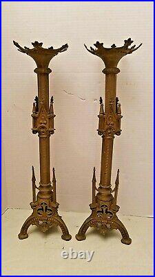 Beautiful Pair Antique Ornate Gothic Brass Church Altar Candlesticks 24 Tall