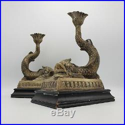 Beautiful Pair of Decorator Brass Mythical Dolphin Candlesticks on Wooden Base