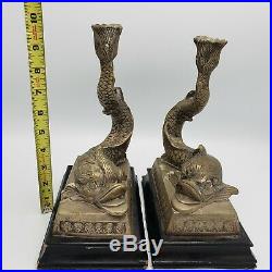 Beautiful Pair of Decorator Brass Mythical Dolphin Candlesticks on Wooden Base