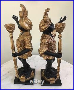 Blackamoor Bronze Brass Gilt Statues Candlestick Holders Marble Base