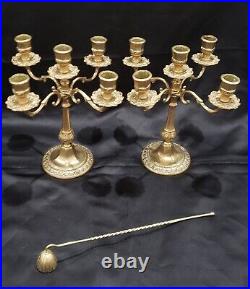 Brass Candle Holder 5 Flaming Art Nouveau Candlesticks Vintage withCandle Snuffer