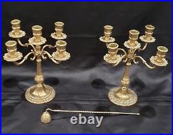 Brass Candle Holder 5 Flaming Art Nouveau Candlesticks Vintage withCandle Snuffer