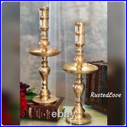 Brass Candle Holders Etched / Drip Pans Large pillar candle sticks 17.5 Pair
