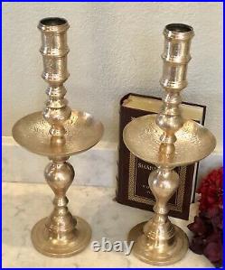 Brass Candle Holders Etched / Drip Pans Large pillar candle sticks 17.5 Pair