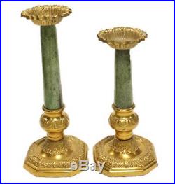 Brass Candle Sticks Set of 6 Green Marbilized with Floral Top 11.5 & 9.5