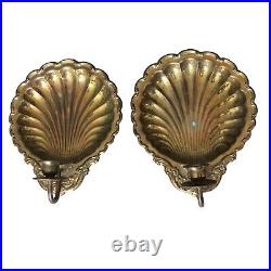 Brass Candle Wall Sconces Clam Shell Seashell Patina Vintage Hollywood Regency