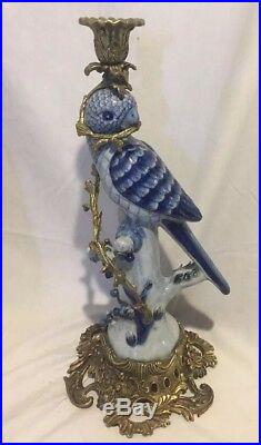 Brass Ceramics figurative Candle holder Parrot Cobalt Blue Floral Porcelain