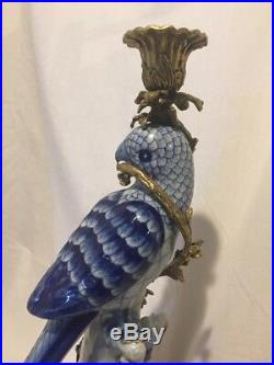 Brass Ceramics figurative Candle holder Parrot Cobalt Blue Floral Porcelain