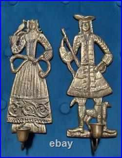 Brass Danish Folk Art Colonial Man & Woman Wall Sconce Candle Holder Primitive