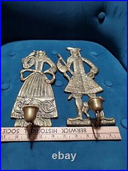 Brass Danish Folk Art Colonial Man & Woman Wall Sconce Candle Holder Primitive