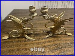 Brass Dragon/phoenix Candleholders Pair Antique