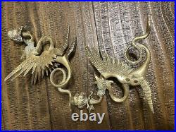 Brass Dragon/phoenix Candleholders Pair Antique