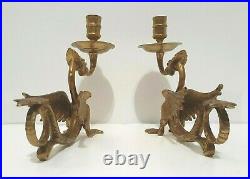 Brass Griffin Dragon Candlestick Holders 1920s Gothic Revival Made in France