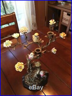 Brass Tree With Delicate Porcelain Birds & Flowers Candelabra Candle Holder
