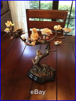 Brass Tree With Delicate Porcelain Birds & Flowers Candelabra Candle Holder