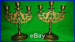 Brass Vintage Antique Dragon Tri Candle Holders Set Of Two