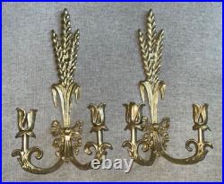 Brass Wheat Stalk & Ribbon Candle Holder Wall Sconce Vtg Handcrafted MCM