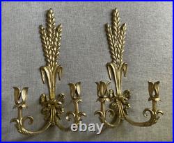 Brass Wheat Stalk & Ribbon Candle Holder Wall Sconce Vtg Handcrafted MCM