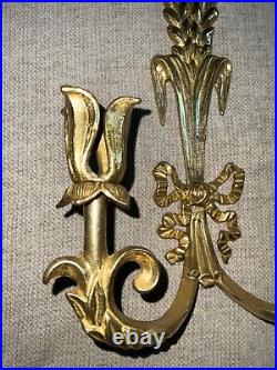 Brass Wheat Stalk & Ribbon Candle Holder Wall Sconce Vtg Handcrafted MCM